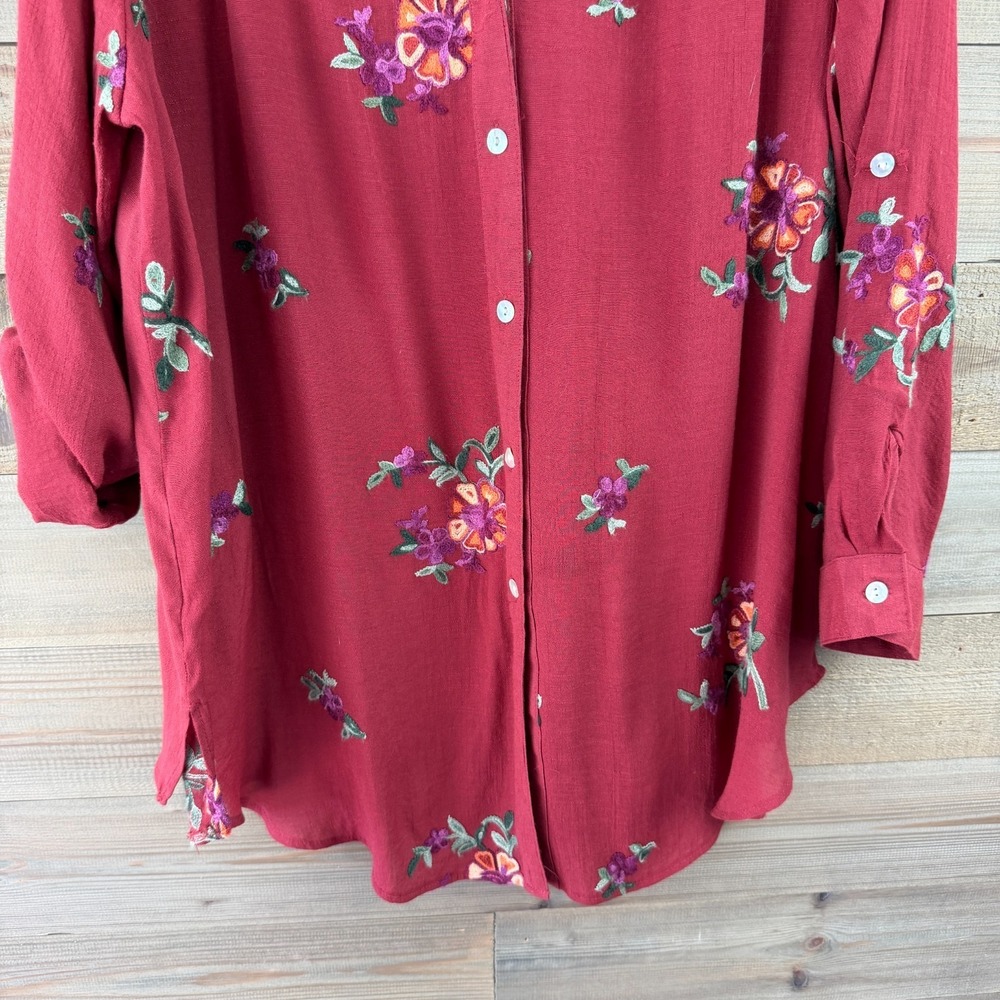Fig & Flower‎ Womens Shirt Roll Tab Sleeve Button Up Embroidered Floral Boho 2X - Picture 3 of 9